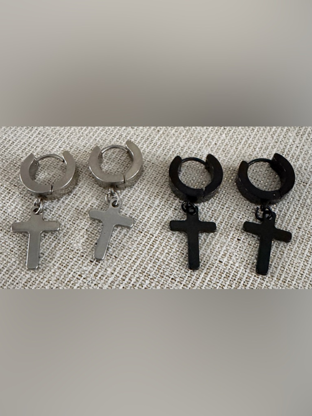 Cross Hoop Dangle Earrings 2 pair  — Silver & Black